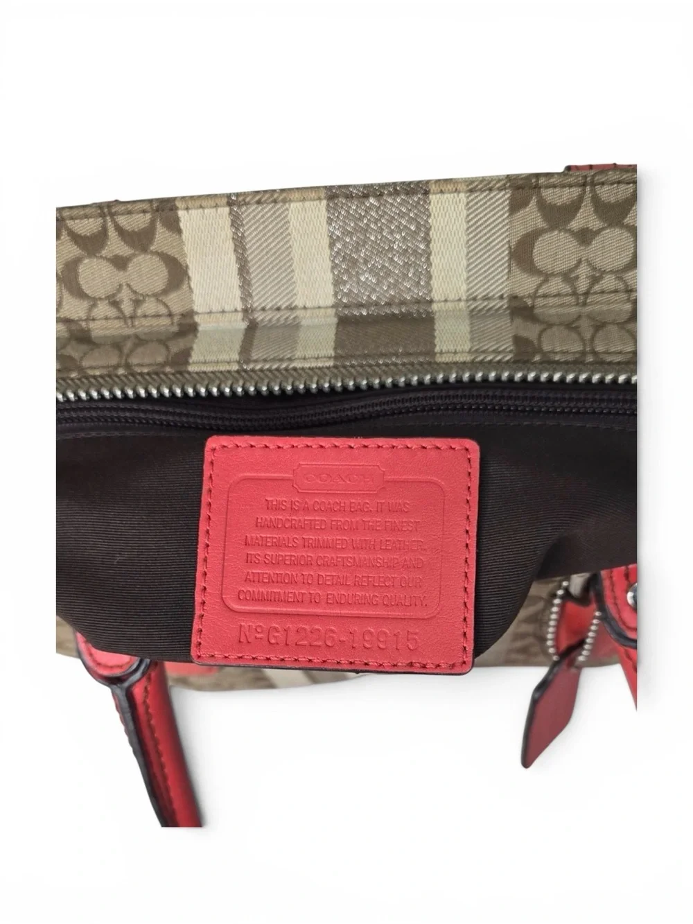 Coach Legacy Signature Stripe Satchel Coral Red Leather Trim Tassel Bag 19815